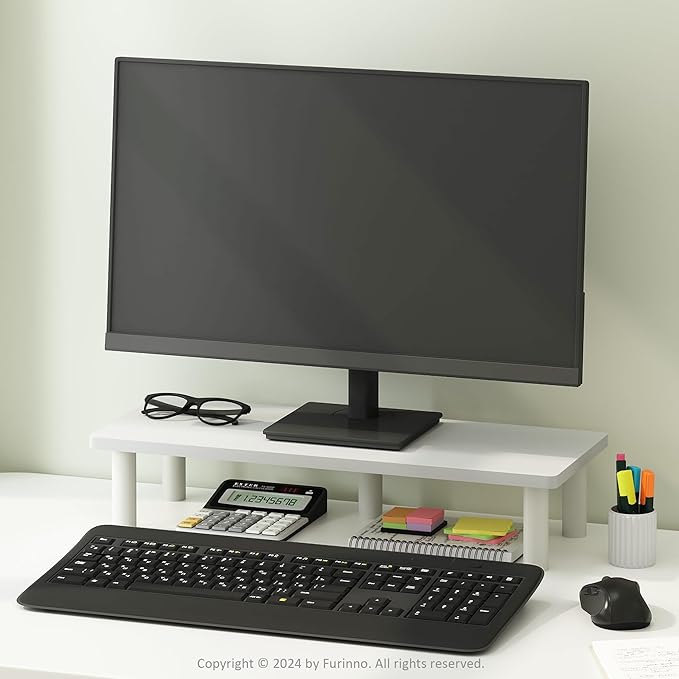 Furinno Turn-N-Tube Monitor Stand Riser, 23.6" Wide Rectangle Monitor Riser, Laptop Stand for Desk, Office Desk Accessories, Desktop Organizers and Accessories, Toolless Assembly, White
