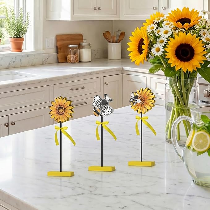 Smile 3 Pcs Wooden Decor Summer Indoor Decorations, Sunflower Bee Style, Summer Table Centerpieces for Home Kitchen Seasonal Display