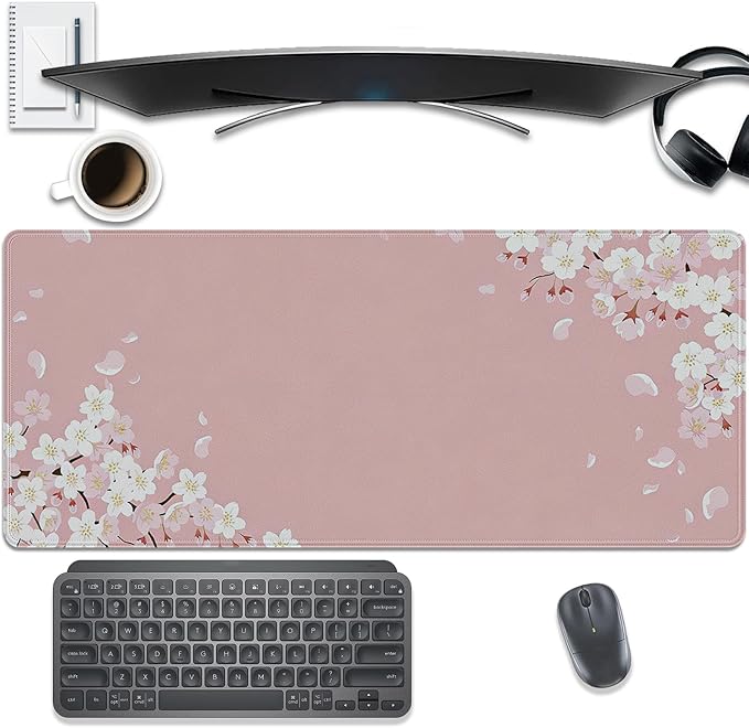 Pink Cherry Blossom Large Mouse Pad Desk Mat, 27.5x11.8in Japanese Sakura Floral Extended Keyboard Mousepad with Stitched Edges, Non-Slip Waterproof Rubber Base for Office, Computer & Laptop