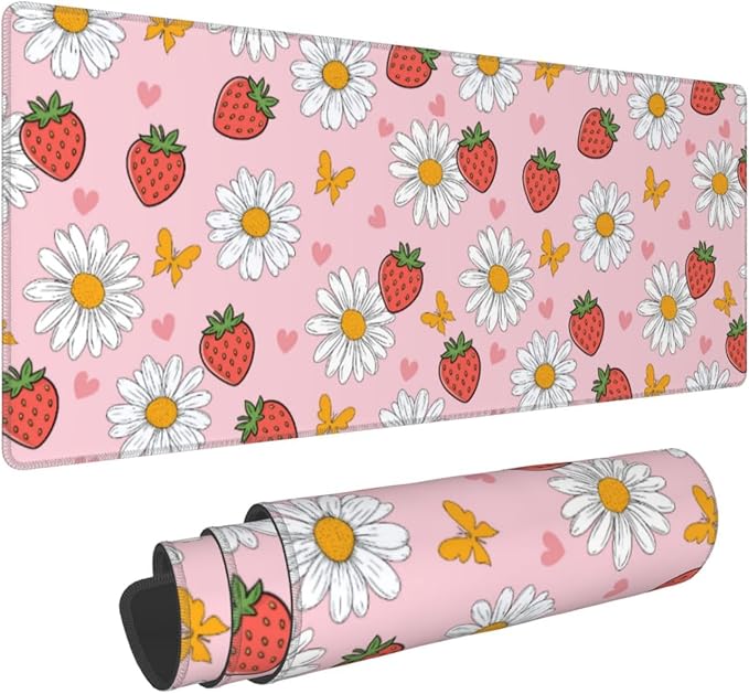 Strawberry Mouse Pad Pink Cute Desk Mat Large Gaming Mousepad Pink Keyboard Pad 31.5x11.8in Non-Slip Rubber Base Pastel Kawaii Mousepad Laptop for Office Gaming Computer Home Accessories Supplies