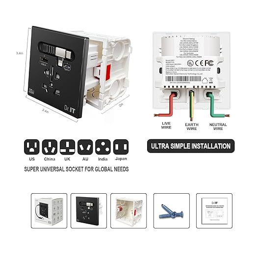 35W GaN Multi Plug Wall Outlet with Retractable Phone Charger for Bedside/Sofa, 4-in-1 Tamper-Resistant in-Wall Socket with Universal AC Port for New Renovations, UL Listed (Include 86-Type Box)