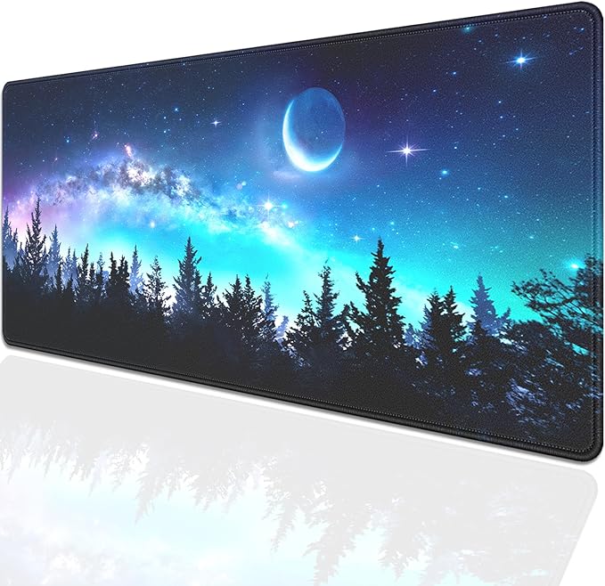 Starry Night Forest Large Gaming Mouse Pad Desk Pad, 27.5x11.8in Moon Galaxy Extended Desk Mat with Stitched Edges, Non-Slip Waterproof Rubber Base for Office, Computer & Laptop