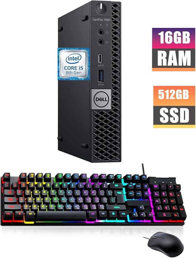Dell OptiPlex 7060 Mini Desktop Computer with 24" FHD Monitor, RGB Speakers, Core i5-8500 3.0GHz-4.1GHz, 16GB RAM, 512GB SSD, DP Cable, RGB Keyboard, Mouse, Windows 11Pro (Renewed)