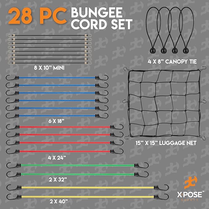 Heavy Duty 28pc Bungee Cord Set with Hooks, Canopy Ties, Luggage Net & Organizer Bag - Assorted Sizes (18", 24", 32", 40") for Outdoor, Bike Racks, Motorcycles