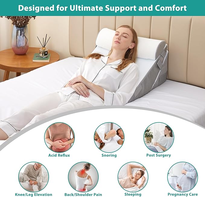 Bedluxe Wedge Pillow Headboard, 3PCS Orthopedic Bed Wedge Pillows Set for After Surgery, Adjustable Pillow Wedge for Acid Reflux&Back Pain Relief, Sleeping, Back Pillow for Bed Sitting Up, White/Grey