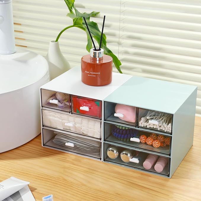 MILULUGO Makeup Organizer with 4 Drawers, Desk Organizer, Cosmetics Storage Box for nail polish, Lipstick, Brushes, Jewelry, Skincare, Bathroom Organization Boxes - Blue