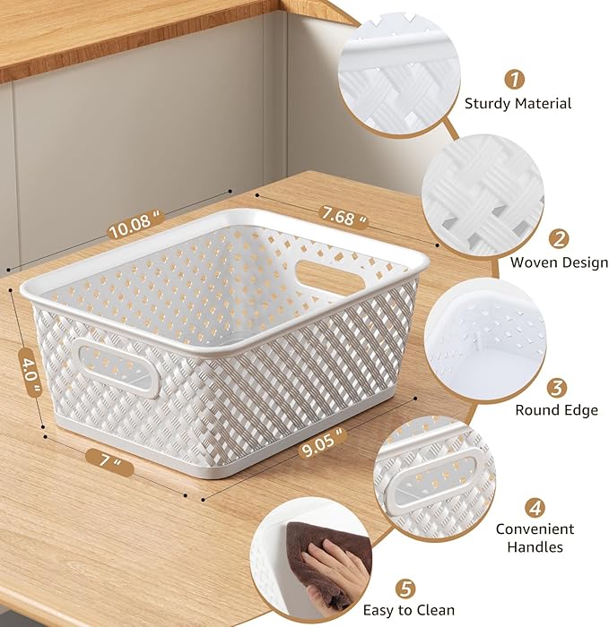 MaxGear Organization and Storage 3 Packs, Plastic Bins Organizer Bins, Woven Baskets for Storage, Plastic Baskets with Handles White Basket for Organizing, Basket Organizer for Home and Office, Medium