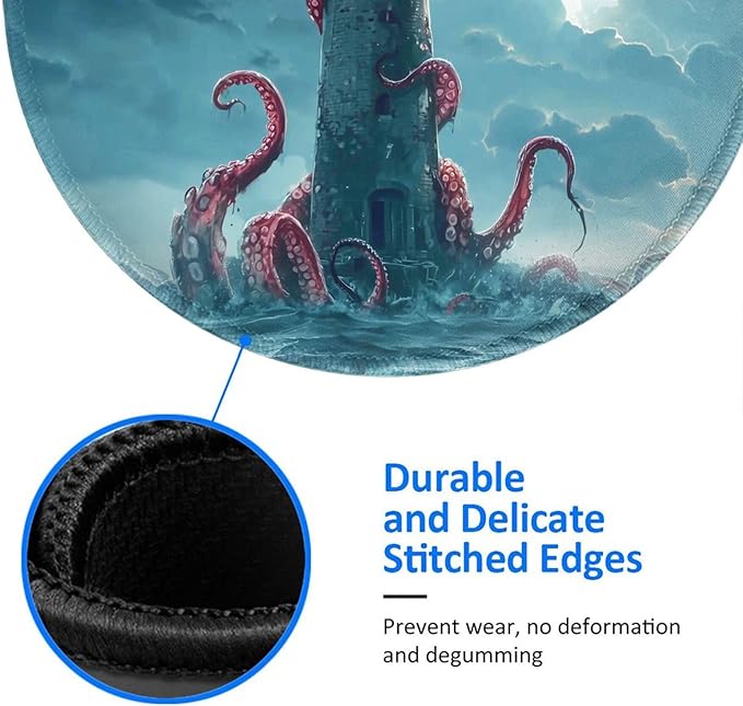 Octopus Round Mouse Pad Premium Textured Mouse Mat Washable Mousepads with Extended Stitched Edges Non Slip Rubber Base Small Mousepad 7.9 X 7.9 X 0.12 Inches
