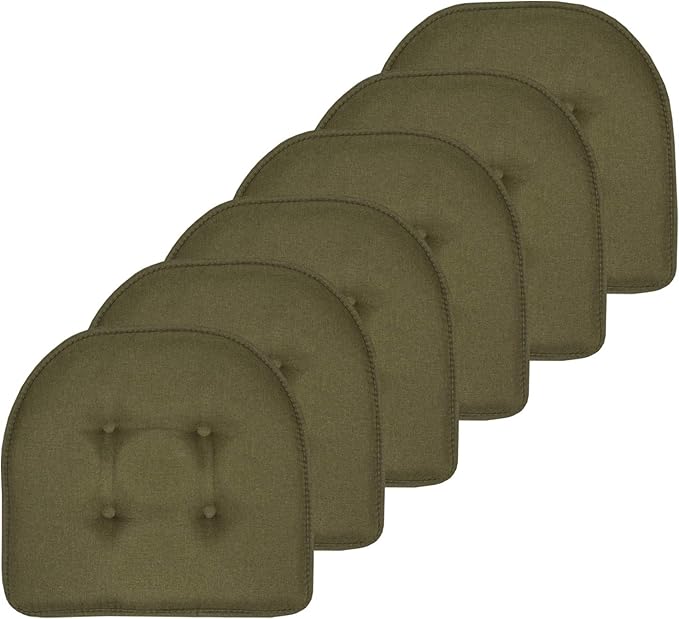 Sweet Home Collection Chair Cushion Memory Foam Pads Tufted Slip Non Skid Rubber Back U-Shaped 17" x 16" Seat Cover, 6 Pack, Army Green, (Pack of 2)