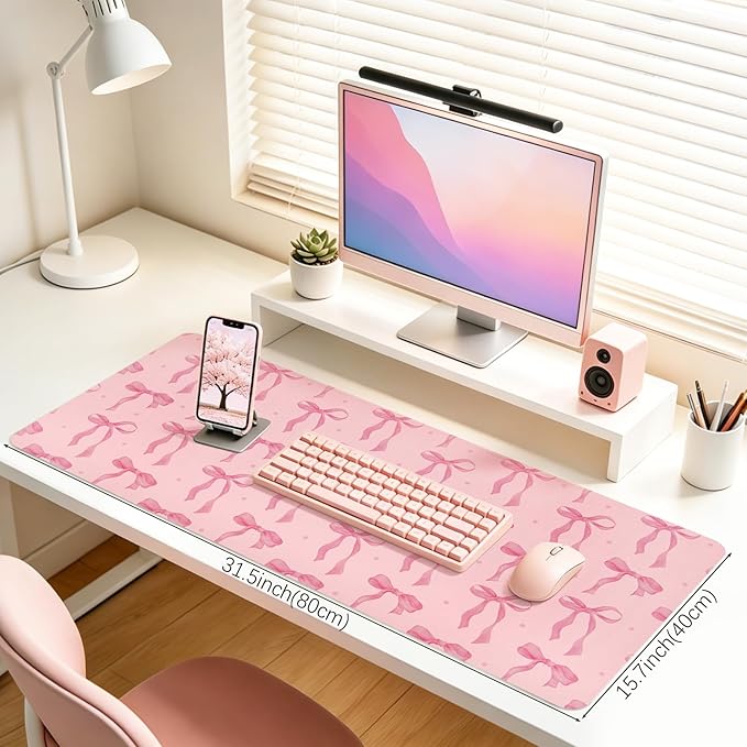 Pink Desk Mat, Large Mouse Pad Pink Bow Keyboard Mat Computer Pad, Cute Girly Pink Desk Accessories, PU Leather Desk Pad Protector, Waterproof Desk Blotter Writing Pad Non-Slip Base, 31.5 x 15.7