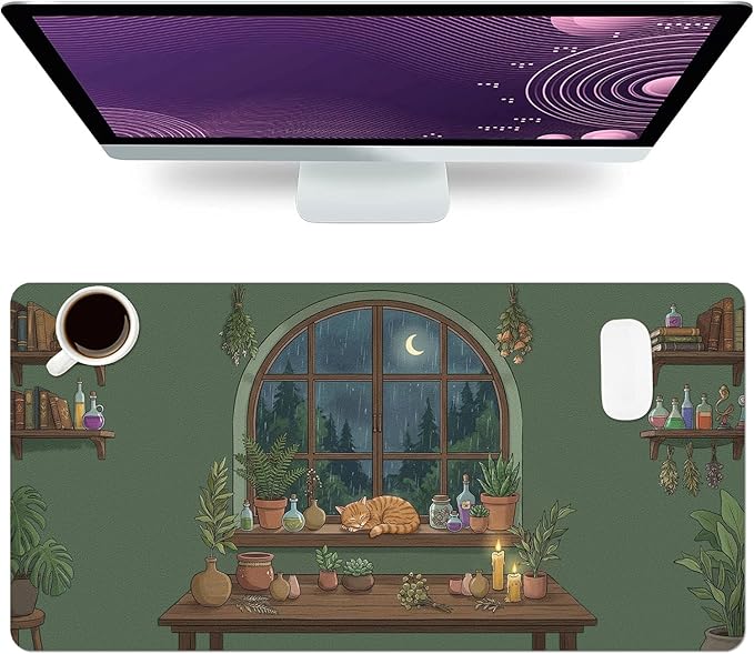 Cute Desk Mat, Green Rainy Night Large Mouse Pad for Desktop, PU Leather Waterproof Desk Pad, Anti-Slip Computer PC Laptop Protector Gaming Mouse Pads for Office Home Decorations (27.5" x 13.8")