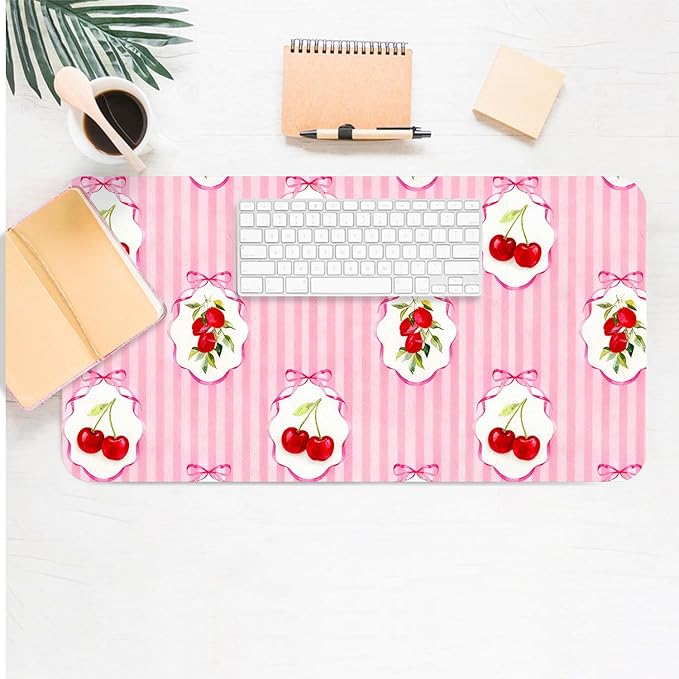 Red Cherry Mouse Pad PU Leather Pink Desk Mat Large Waterproof Gaming Pad Non-Slip Keyboard Mouse Pad Writing Pad for Gamer Office&Home