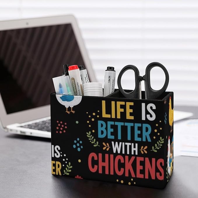 Decorative Office Desk Pen Holder Life Is Better With Chickens White Rooster, Showcase Your Pens in Style