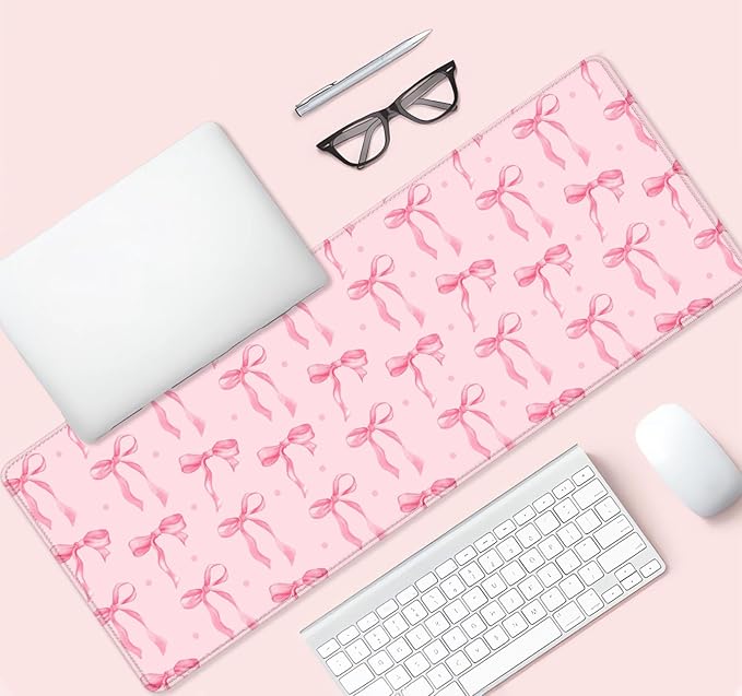 Pink Ribbon Bow Large Gaming Mouse Pad, Polka Dots Desk Mat Office Accessory, Light Pink Computer Mat, Non-Slip Rubber Base Laptop Pad for Girls Kids Desktop Decorative, 31.5 x 11.8 inches