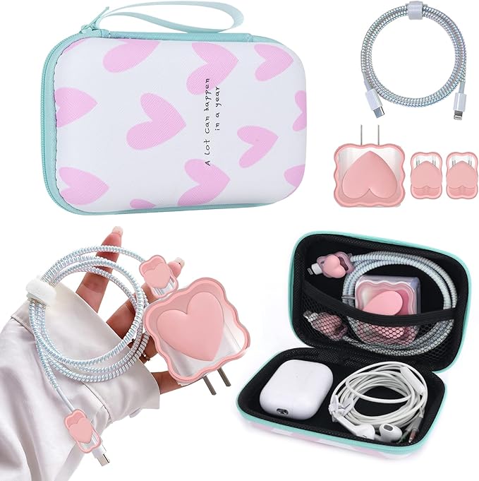 CameCosy Phone Charger Storage Case Set with Pink Hearts Carrying Case Bag with Cute 3D Love Cable Protector Set, Travel Cable Organizer,Soft Phone Earphone Charger Cover Compatible for iPhone
