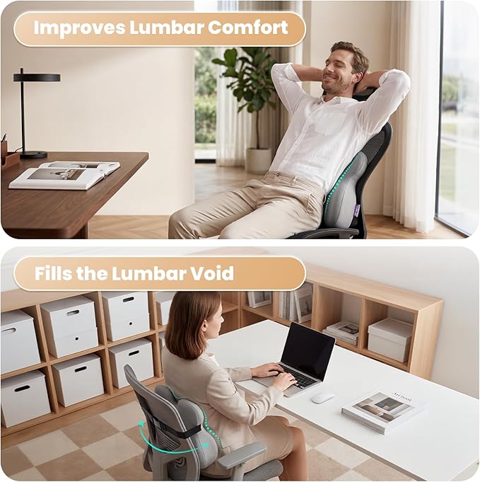 ZZ-WELL Lumbar Support Pillow - Back Support Pillow for Office Work Chair - Memory Foam Chair Back Cushion for Mid Lumbar Back Pain, Posture Improved - Adjustable Straps, Breathable Cover (Grey)