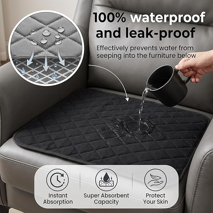 Kenaoeo 22 x 21 Inch Waterproof Chair Pads for Incontinence 4 Pack Reusable Washable Absorbent Seat Protector Pads Non Slip Wheelchair Accessories for Home and Travel, Black