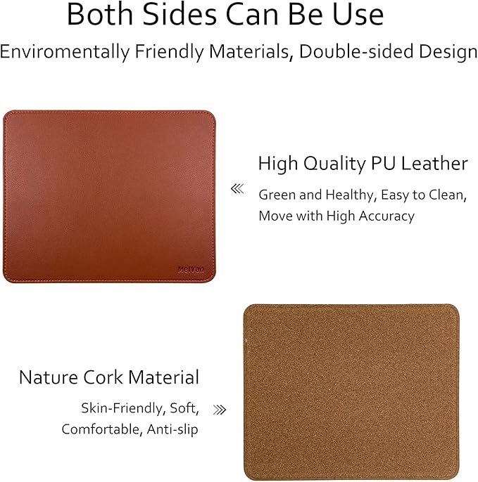 MelVan PU Leather Mouse Pad with Stitched Edge, Wood Mousepad, Waterproof Gaming Mouse Pad Mat for Computers, Laptop, Office & Home, 10.2" x 8.3", 1 Pack (Brown)