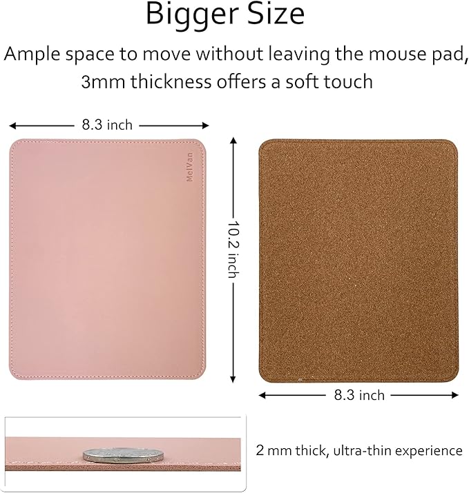 MelVan PU Leather Mouse Pad with Stitched Edge, Wood Mousepad, Waterproof Gaming Mouse Pad Mat for Computers, Laptop, Office & Home, 10.2" x 8.3", 1 Pack (Pink)