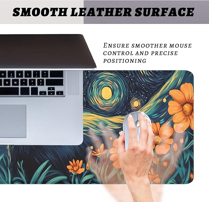 Cat Desk Pad Mouse Pad Mystic Starry Night Floral Modern Art Extended Gaming Mouse Pad Mat with Stitched Edge Non-Slip Base Big Mousepad 31.5"x11.8"