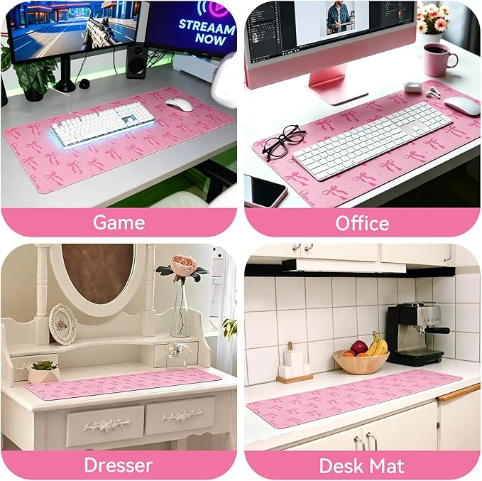 Large Gaming Mouse Pad 31.5 x 11.8in Desk Mat for Office Mousepad Anti-Skid Rubber Base Soft Comfortable and Durable Desk Pad (Pink Bow)