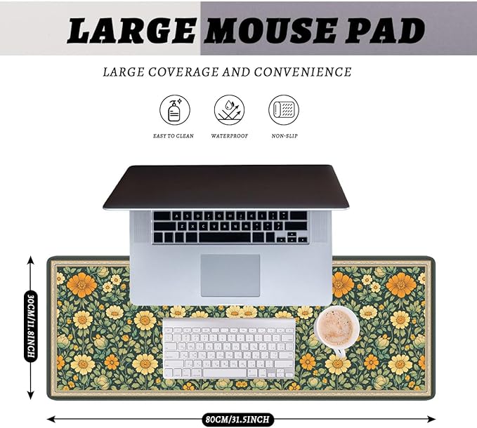 Vintage Floral Mouse Pad, Dark Green Orange Garden Gaming Desk Mat Extended Laptop Keyboard Non-Slip Rubber Base with Stitched Edges for Home, 31.5x11.8in Desk Home Office Gaming