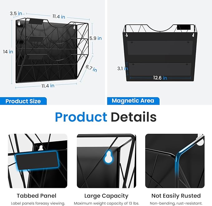 Patvingot Magnetic File Holder for Refrigerator & Cabinets | No-Drill Wall Mount Organizer | 3-Tier Vertical Mail & Magazine Holder for Office/Home (Black, Space-Saving Design)