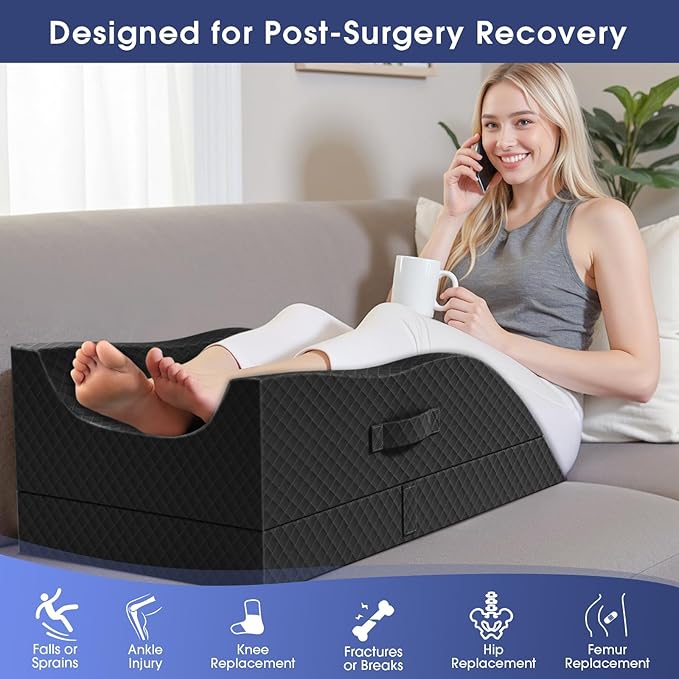 CushZone Leg Pillow, Leg Elevation Pillow with Pad and Memory Foam, Height Adjustable Bolster Pillow for Legs, Leg Pillow Elevation Blood Circulation, for Post-Surgery, Black