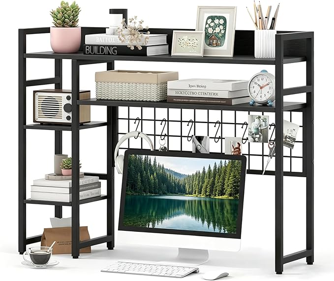 COSTWAY Desktop Bookshelf for Monitors up to 32", 37" x 10" Countertop Organizer with 4 Open Shelves, Grid Panel with 6 Hooks, Anti-Tip Safety Kit, and Adjustable Feet for Home Office (Black)