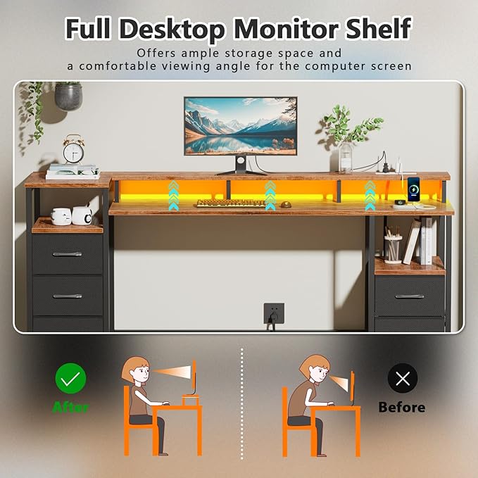 Korfile 61 Inch Gaming Desk with Power Outlets and LED Lights, Reversible Computer Desk with 5 Fabric Storage Drawers, Home Office Desk with Monitor Stand for Working Writing Study, Rustic Brown