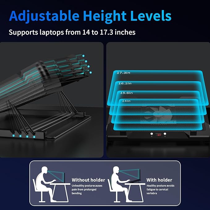 DEPGI Laptop Cooling Pad, Laptop Cooler Stand with 5.5" Movable Fan Easy to Clean, 10 RGB Light Modes, Auto Temp Sensor & 3-Speed Manual Control, Ultra Quiet ≤40dB for 14–17.3 Inch Laptops