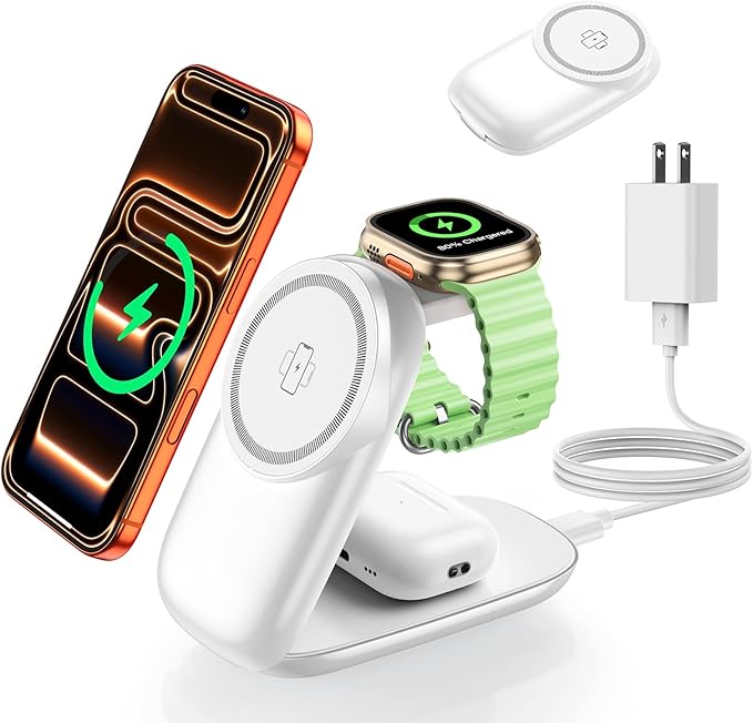 3-in-1 Wireless Charging Station for MagSafe,Foldable Magnetic Stand for iPhone 17/16/15-12 Series, Apple Watch/AirPods,15W Fast Wireless Charger - Ideal for Home/Office/Travel