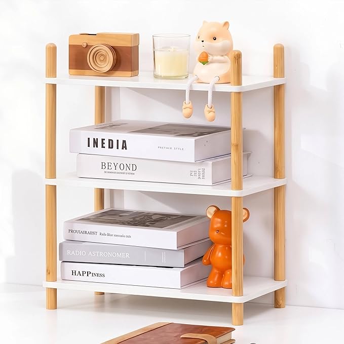 3-Tier Expandable Bamboo Desktop Organizer Shelf Kitchen Cabinet and Counter Riser Display Shelf for Top of Desk Home Office Bathroom Coffee Table Display Stand,White