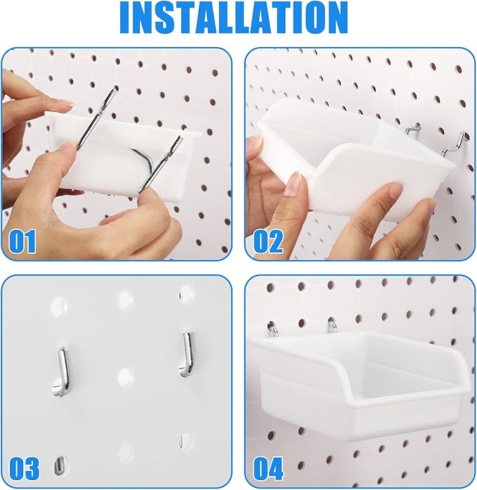 Roowest 60 Pcs Pegboard Cups Pegboard Bins Set, Wall Organizer with Hooks and Loops, Hooks Assortment Organizer Accessory for Office Storage Garage Craft Workshop(White)