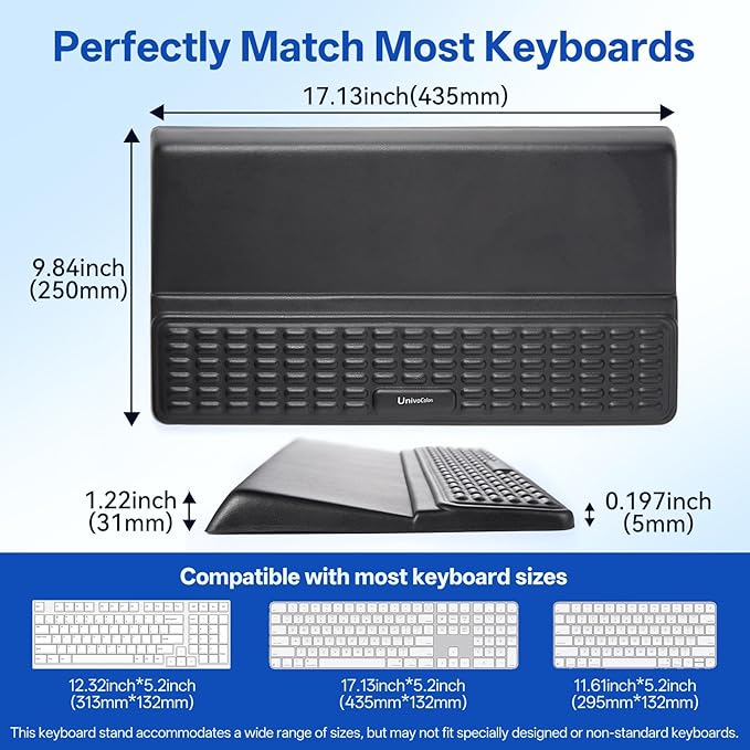 UnivoColors Keyboard Stand with Wrist Rest, high-Grade PU Leather, Soft Memory Foam Desk Cushion, Anti-Slip Silicone Base, Palm Hand Typing for Office Home School,Black,KP