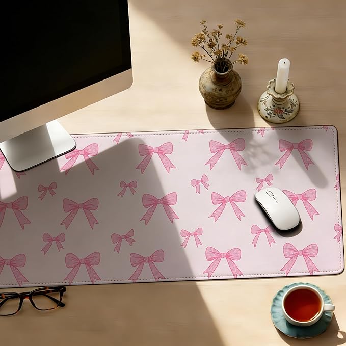 Large Gaming Mouse Pad Pink Bow Desk Mat,Non-Slip Rubber Base Stitched Edges,Extended Mousepad for PC,Laptop,Office,Home Decor(31.5 x 11.8 Inch)