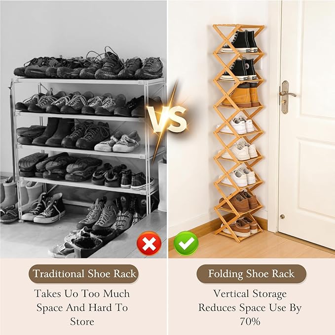 Foldable Shoe Rack, Tier No-Assembly Bamboo Rack, 2026 New Portable Bamboo Corner Shoe Rack, Multifunctional Narrow Shoe Shelf for Entryway, Closet, Corner, Bedroom (2 Layers)