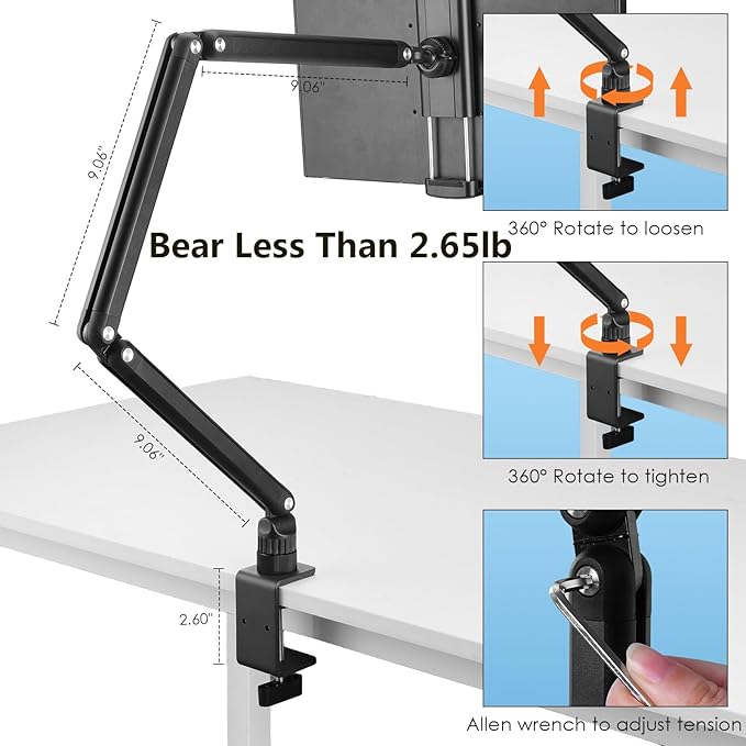 for ipad Tablet Stand Holder for Desk,Portable Monitor Stand Holder 15.6'' Max,for ipad Tablet Mount Arm with Upgraded Screws/360°Rotate Base,Fits for Kindle,Tabs 12.9'' Max(Not Over 2.65lb)