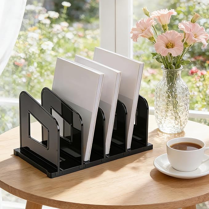 LALOBLUE File Organizer, Acrylic Folder Organizer File Sorter, Plastic Vertical Dividers for Magazine Mail Letter Paper, Desktop Organizers for Office, Classroom & Home(4 Sections, 2 Pack), Black