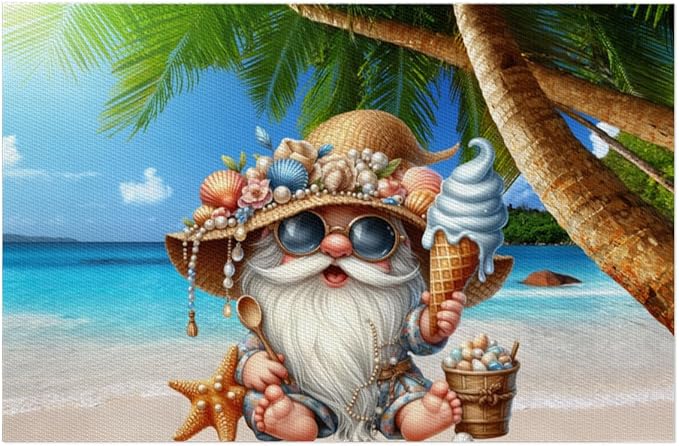 Placemats Set of 4 Heat-Resistant Rectangle Place Mats Beach Palm Gnomes Cute Washable Plastic PVC Dining Table Mat Non-Slip Wipeable Woven Vinyl Placemat for Kitchen Patio Table Decor
