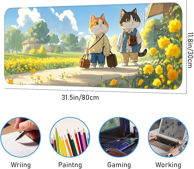 Cute Cat Mouse Pad, Non-Slip Rubber Gaming Mouse Pad with Seam Edge for Gaming, Office, Laptop, 31.5 x 11.8 Inch, Anime Cat Desk Mat