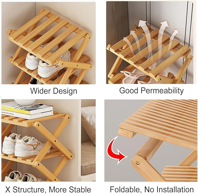 YYW Shoe Rack, Foldable Bamboo Shoes Shelf, Freestanding Shoe Storage Organiser for Entryway, Hallway, Bedroom, Closet (Brown, 6 Layers)