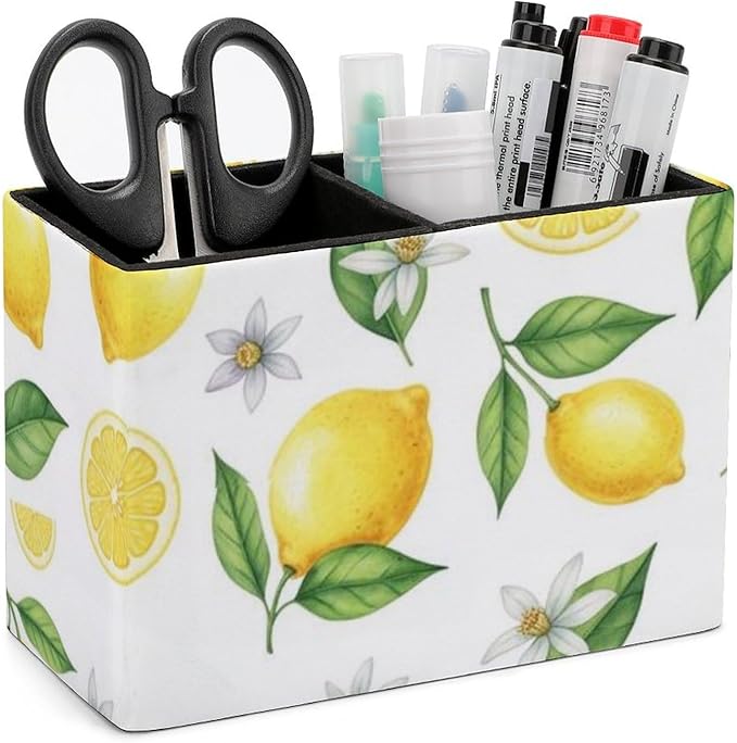 Square Pens Pencils Holder Cup Yellow Fruits Green Leaves Lemon Floral, Sleek and Sturdy Stationery Organizer