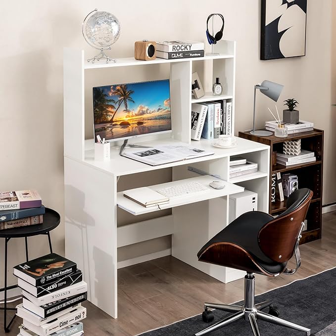 Giantex Computer Desk with Hutch, 43.5 Inch Home Office Desk with Keyboard Tray & Charging Station, Laptop PC Table for Workstation, Modern Study Writing Desk for Small Space, Bedroom, White