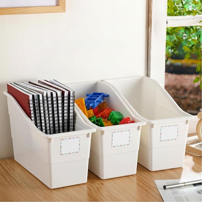 Suzile 12 Pcs Book Bins with Labels Linking Storage Bins Folder Magazine File Holder Interlocking Plastic Book Organizer Container for Office Classroom Home (White)