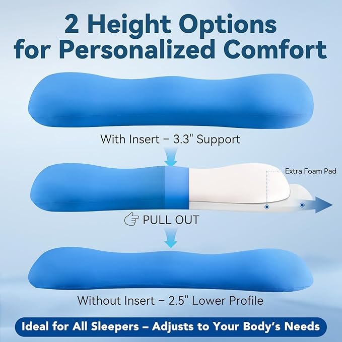 Adjustable Height Lumbar Support Pillow for Sleeping, Ergonomic Contour Lower Back Pillow for Bed with Breathable Washable Cover, Spine Alignment & Sleep Comfort, Blue