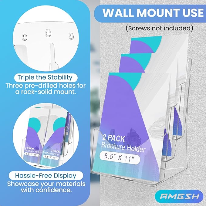 2 Pack 3 Tier Brochure Holder 8.5” x 11” - Acrylic Literature Holder with Removable Divider for 4” x 9” Brochure, Clear Flyer Holder Pamphlet Display Stand