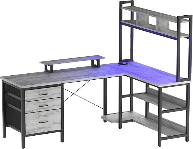 Aheaplus L Shaped Desk with Hutch, Gaming Desk with Led Lights, Reversible Computer Desk with Power Outlet, Corner Desk with File Drawer & Monitor Stand, Storage Shelves for Home Office, White Oak