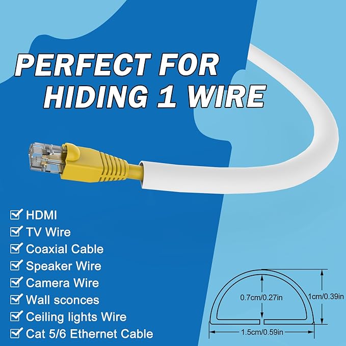 UOMTFAI Wall Cord Hider 196 Inch - Self-Adhesive Wire Cover Raceway for Walls, Flexible PVC Cable Concealer for Home and Office, W0.59 H0.39in - White