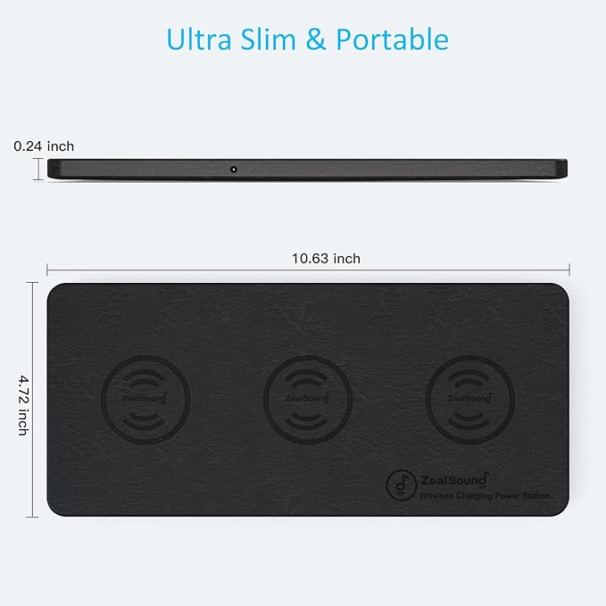 ZealSound Wireless Charging Pad, 3 in 1 Charger Mat for iPhone, Samsung Galaxy, Pixel, AirPods & Galaxy Buds, 24W Adapter Included, Ultra Slim, Case Friendly, PU Leather, for Home Office & Travel
